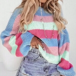 Multicolor Casual Women's Color Block Crew Neck Long Sleeve Knitted Sweater